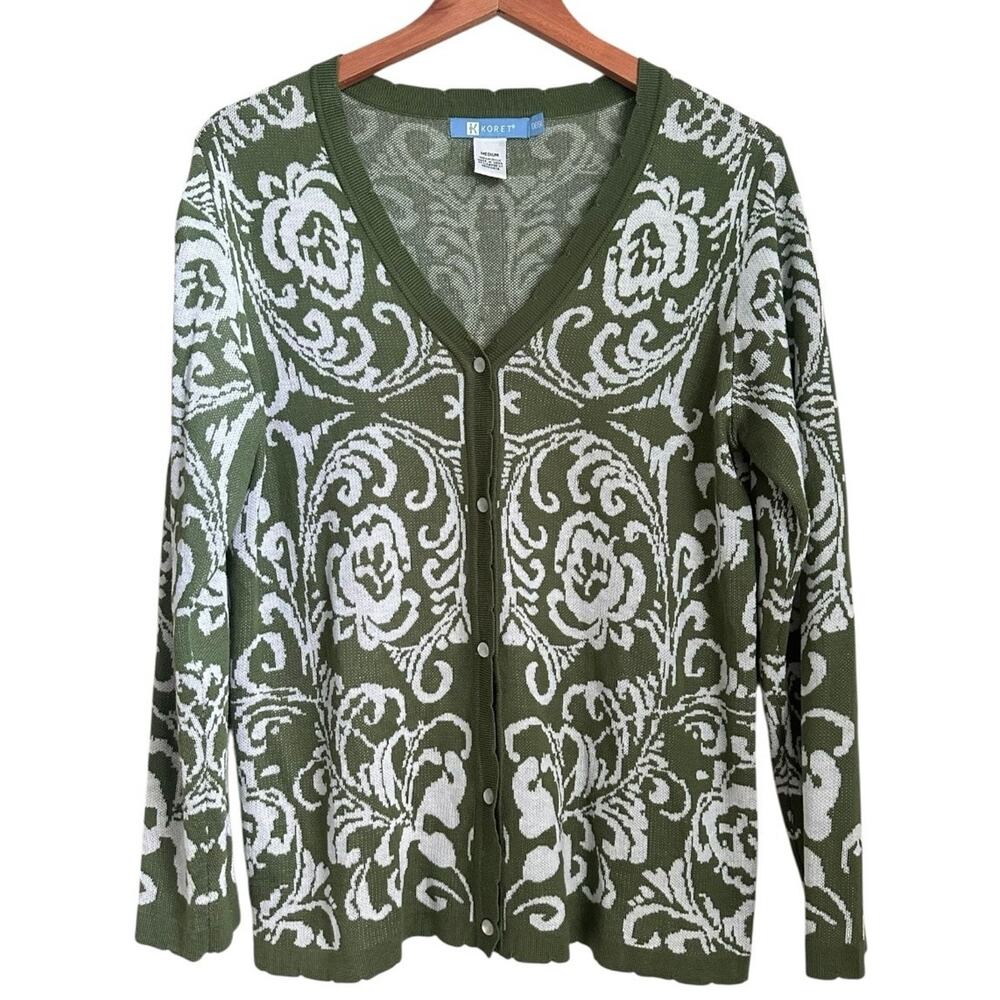 Koret M Olive Green White Floral Cardigan Sweater V-Neck Button Front Knit